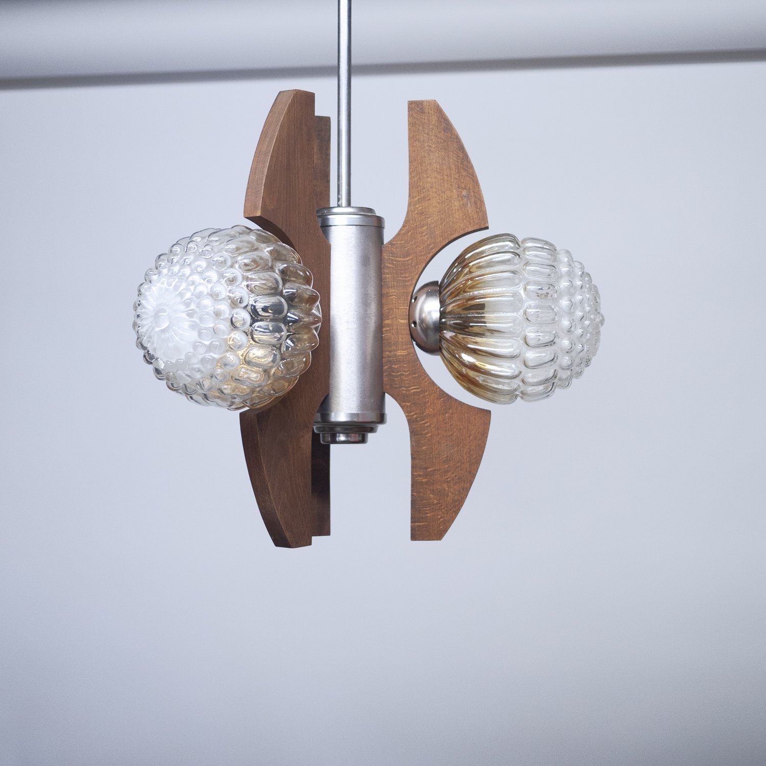 Mid-Century Teak, Metal and Decorative Glass Chandelier, 1970s