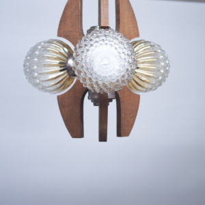 Mid-Century Teak, Metal and Decorative Glass Chandelier, 1970s