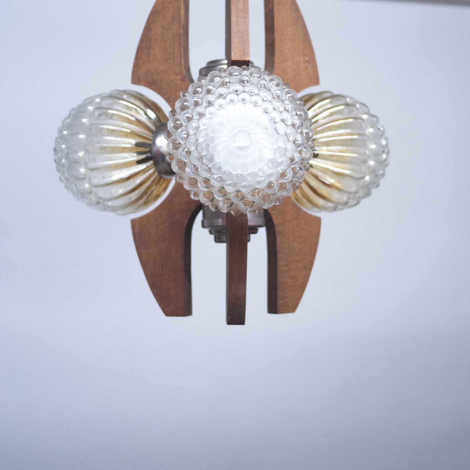 Mid-Century Teak, Metal and Decorative Glass Chandelier, 1970s