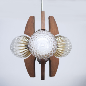 Mid-Century Teak, Metal and Decorative Glass Chandelier, 1970s