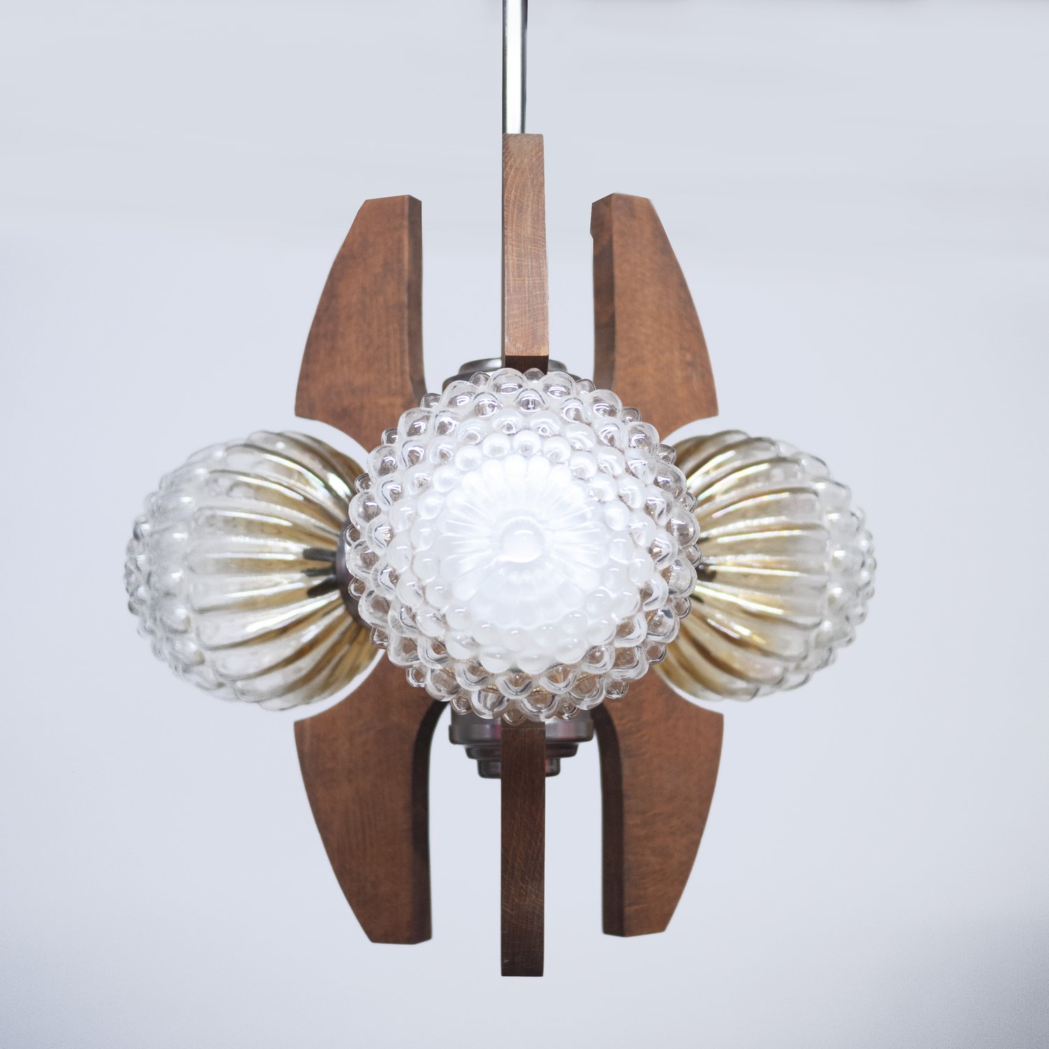 Mid-Century Teak, Metal and Decorative Glass Chandelier, 1970s