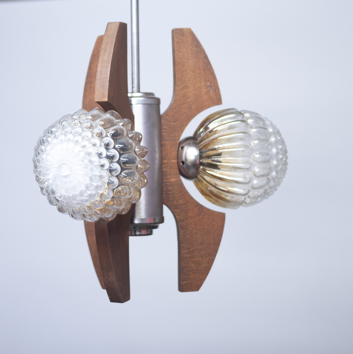 Mid-Century Teak, Metal and Decorative Glass Chandelier, 1970s