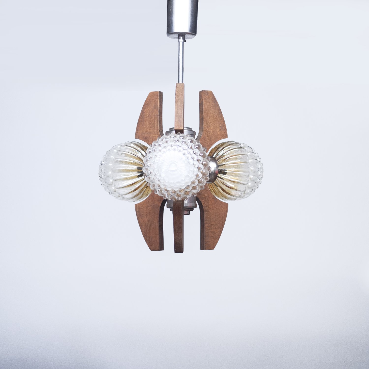 Mid-Century Teak, Metal and Decorative Glass Chandelier, 1970s