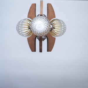 Mid-Century Teak, Metal and Decorative Glass Chandelier, 1970s