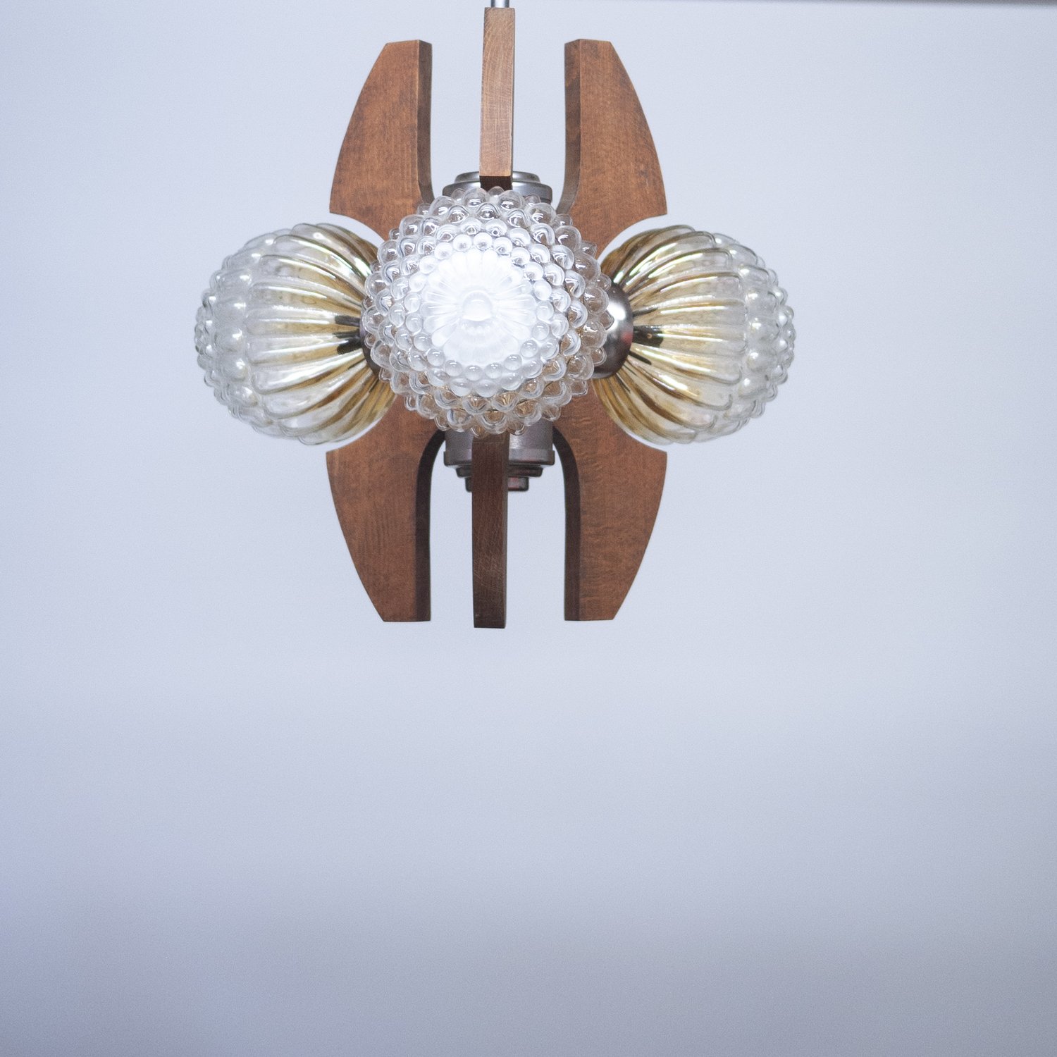 Mid-Century Teak, Metal and Decorative Glass Chandelier, 1970s