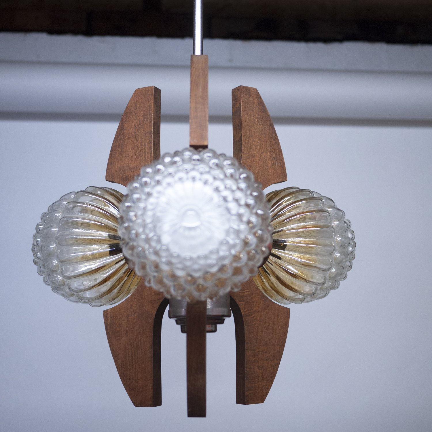 Mid-Century Teak, Metal and Decorative Glass Chandelier, 1970s