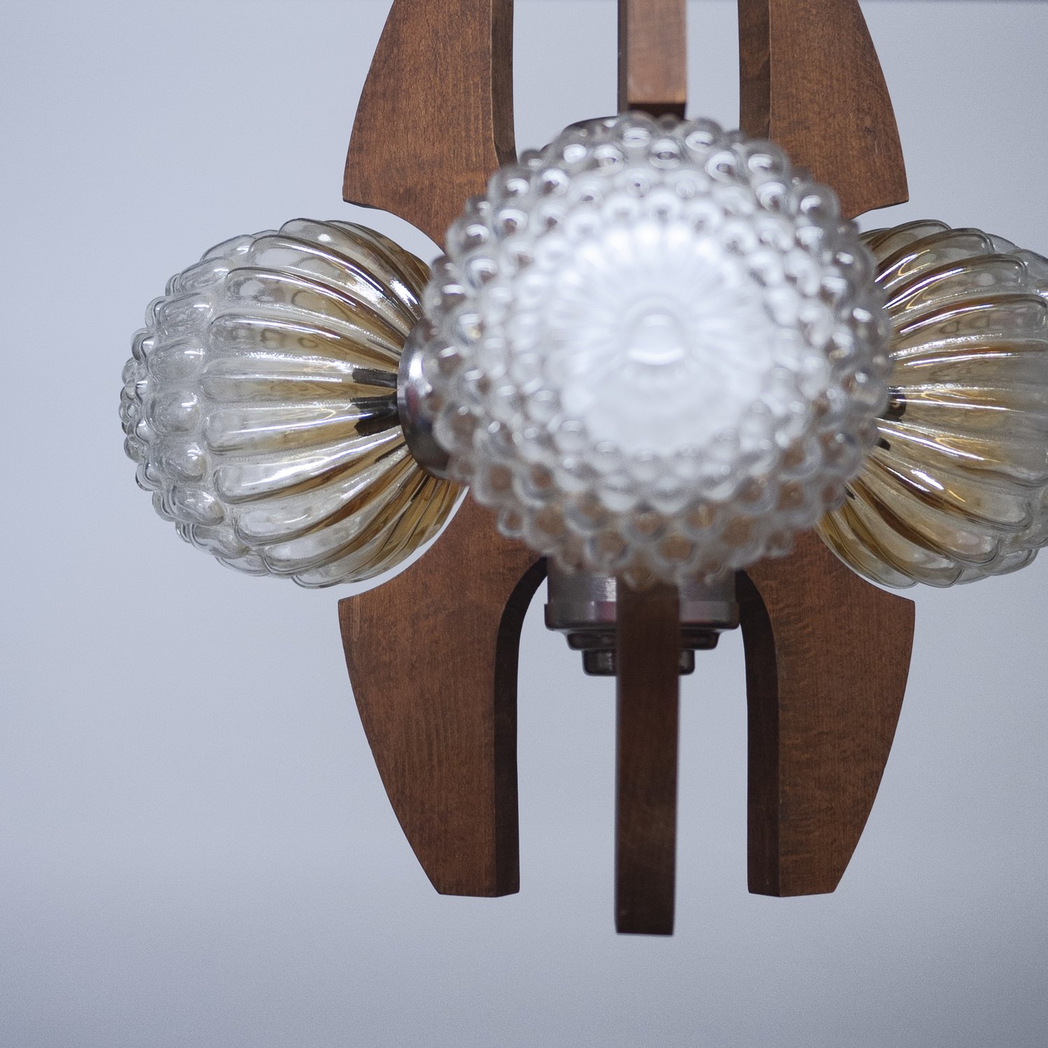 Mid-Century Teak, Metal and Decorative Glass Chandelier, 1970s