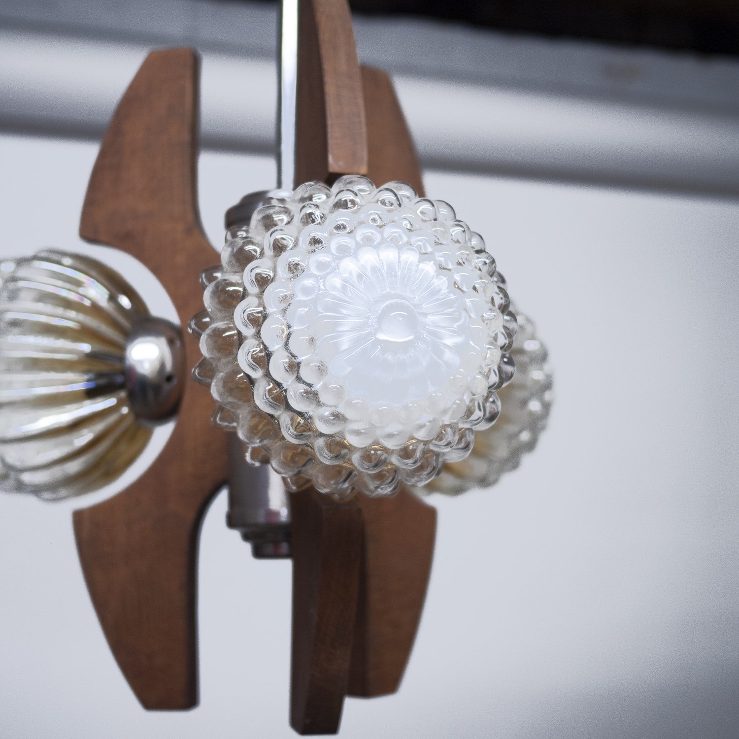 Mid-Century Teak, Metal and Decorative Glass Chandelier, 1970s