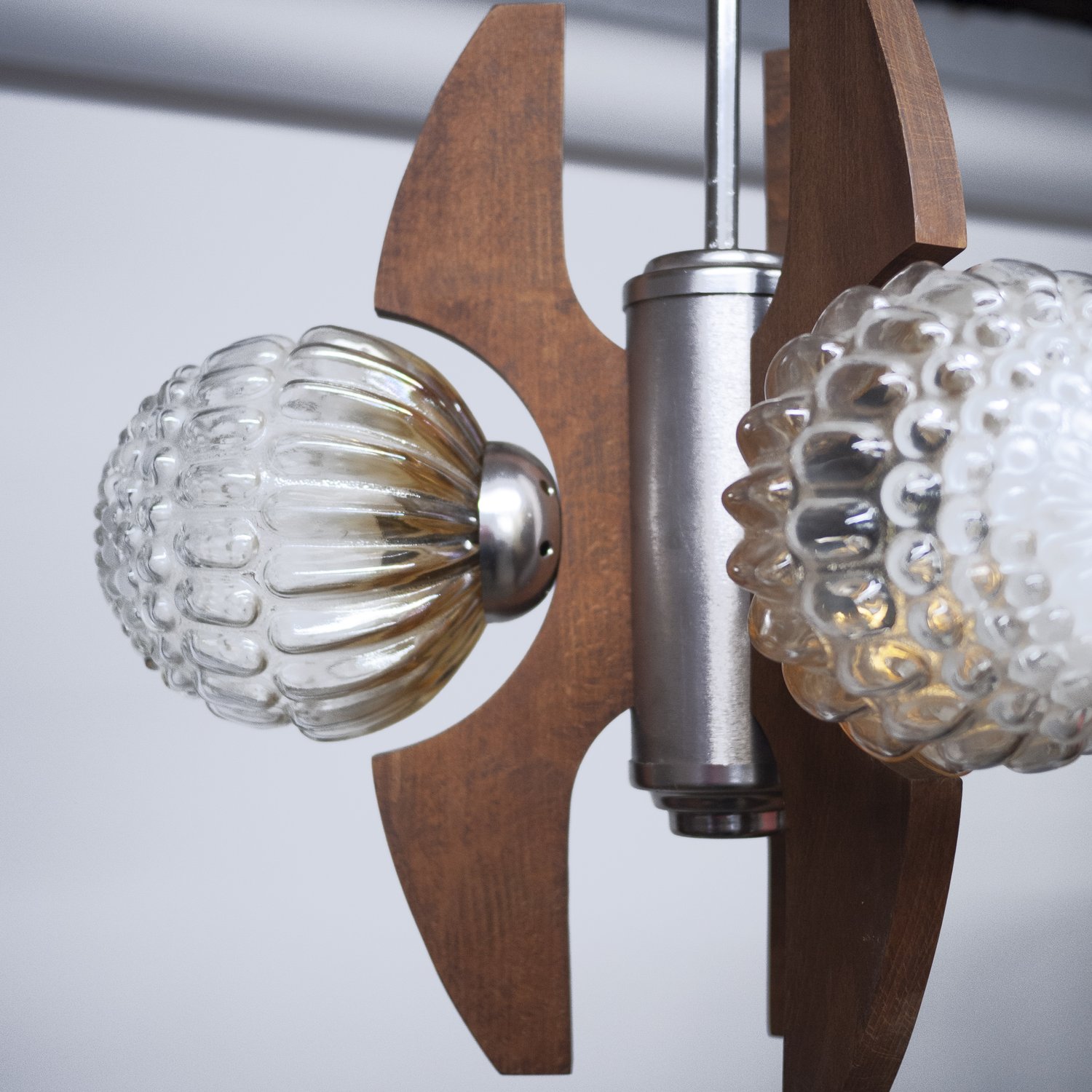 Mid-Century Teak, Metal and Decorative Glass Chandelier, 1970s