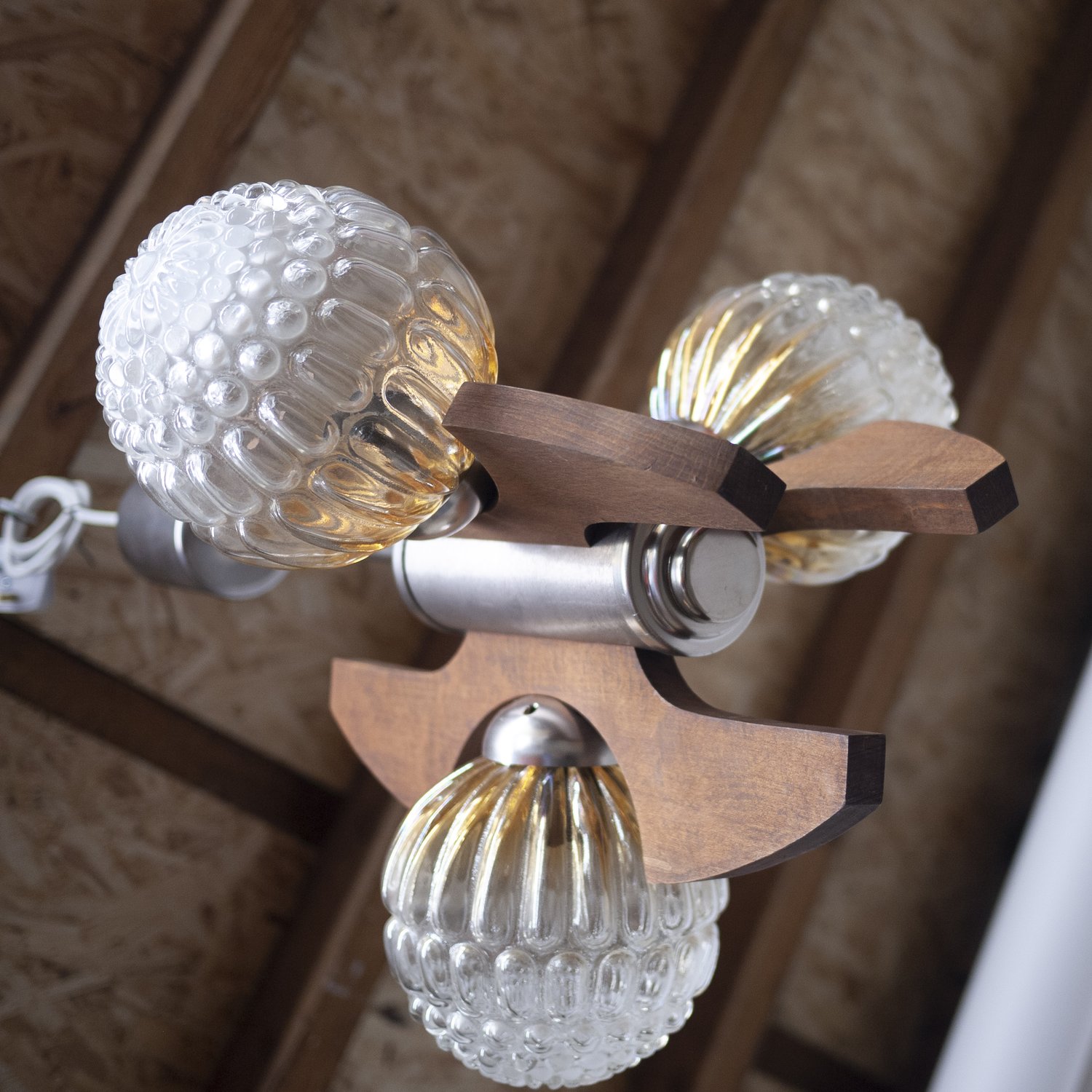 Mid-Century Teak, Metal and Decorative Glass Chandelier, 1970s