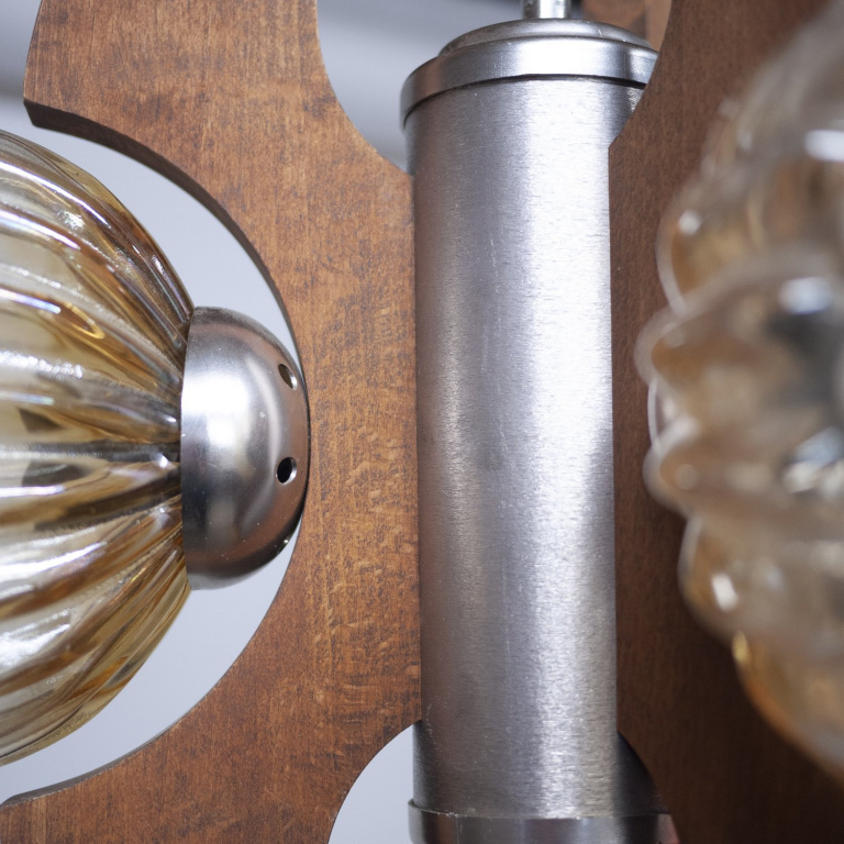 Mid-Century Teak, Metal and Decorative Glass Chandelier, 1970s - Image 10