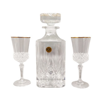 1970s Gorgeous Crystal Decanter with 2 Crystal Glasses by RCR. Made in Italy