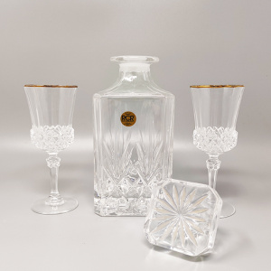 1970s Gorgeous Crystal Decanter with 2 Crystal Glasses by RCR. Made in Italy