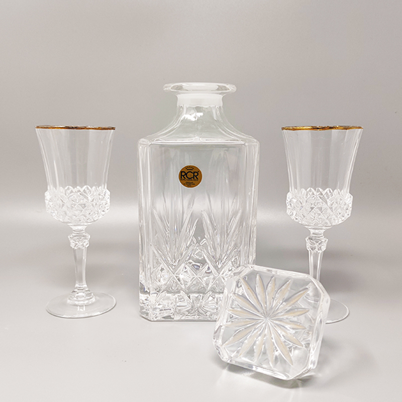 1970s Gorgeous Crystal Decanter with 2 Crystal Glasses by RCR. Made in Italy