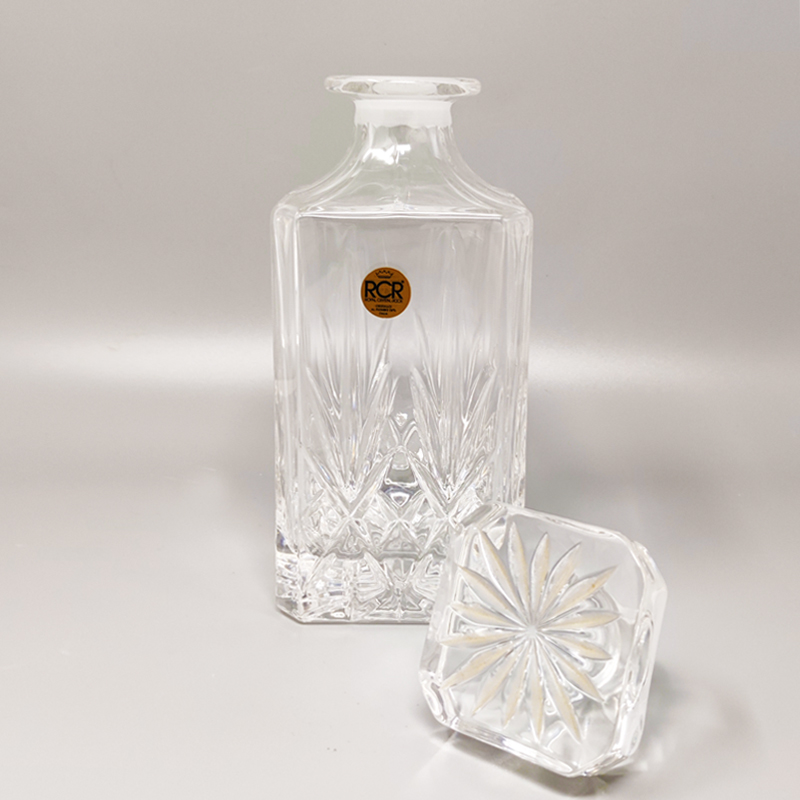 1970s Gorgeous Crystal Decanter with 2 Crystal Glasses by RCR. Made in Italy