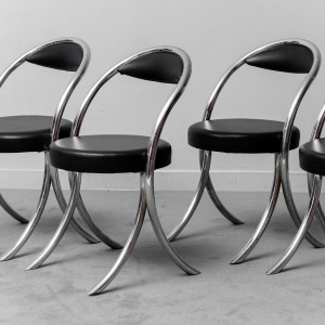 Set Of 6 Vintage 70s Wick Style Metal Eco-Leather Chairs