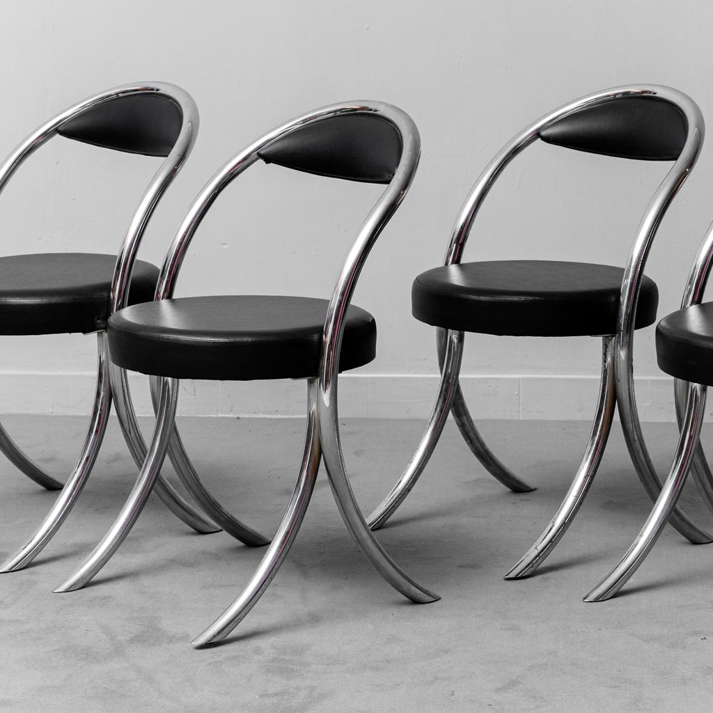 Set Of 6 Vintage 70s Wick Style Metal Eco-Leather Chairs