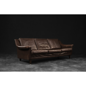 Vintage Mid-Century Scandinavian Danish Modern Brown Leather 3-Seater Sofa, 1970s