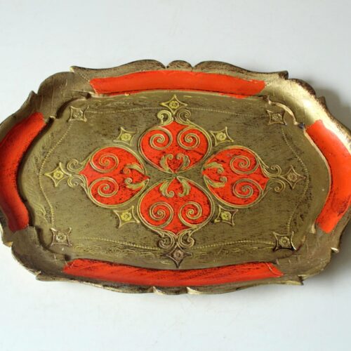 Small wooden florentine tray in orange-gold, vintage from the 60s
