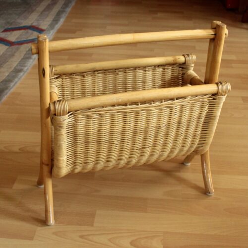Magazine rack made of bamboo, rattan and wood, vintage from the 70s