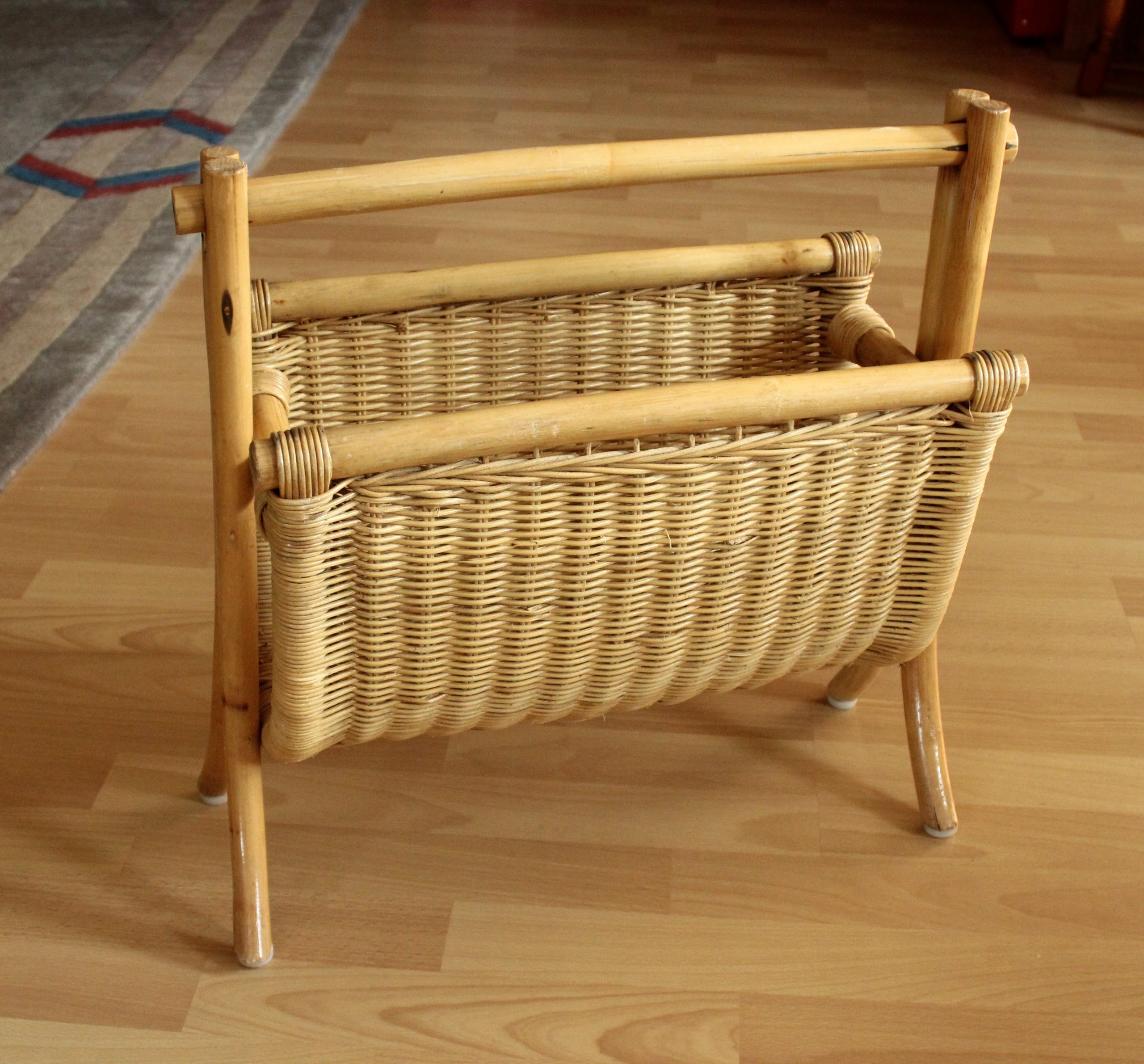 Magazine rack made of bamboo, rattan and wood, vintage from the 70s