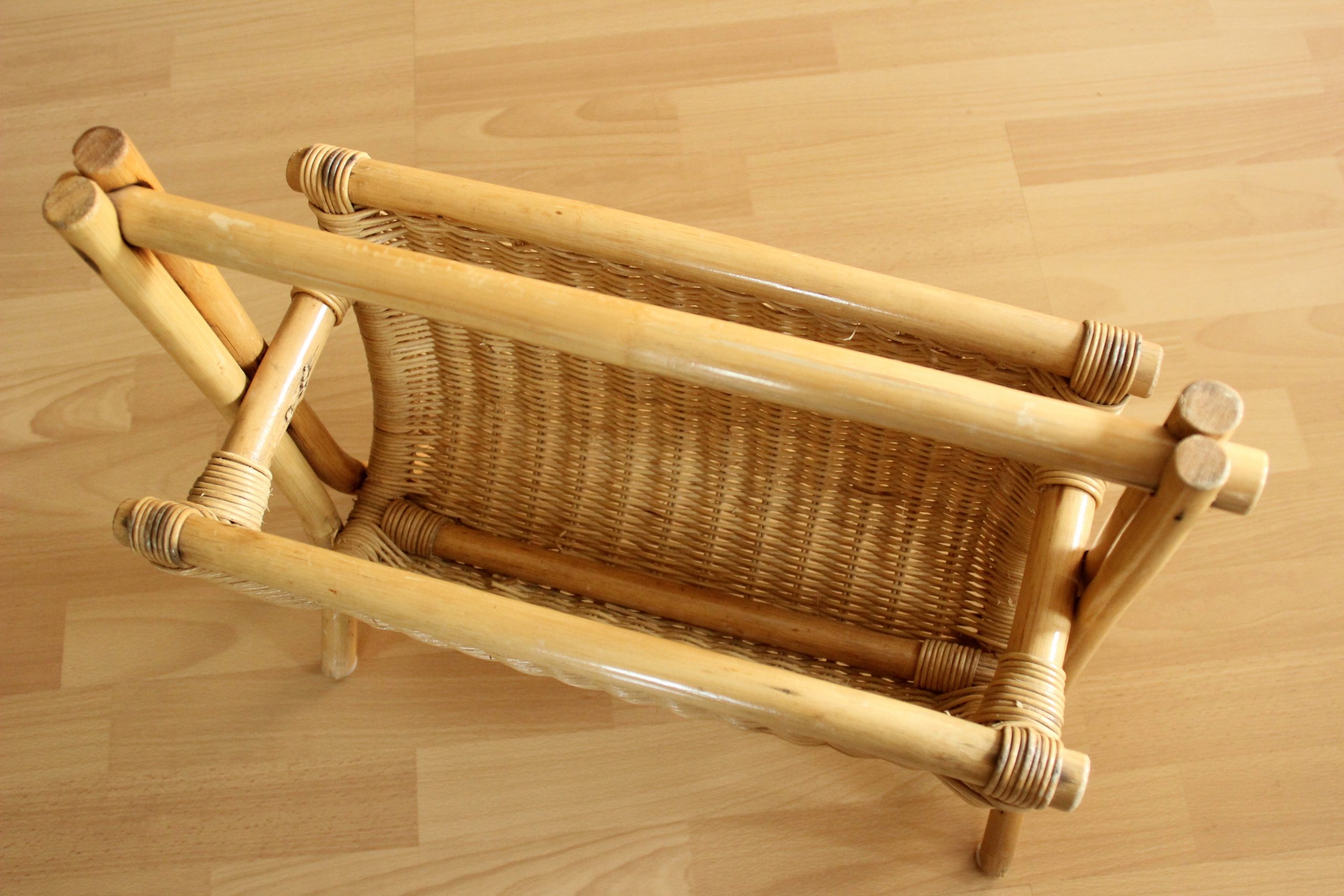Magazine rack made of bamboo, rattan and wood, vintage from the 70s