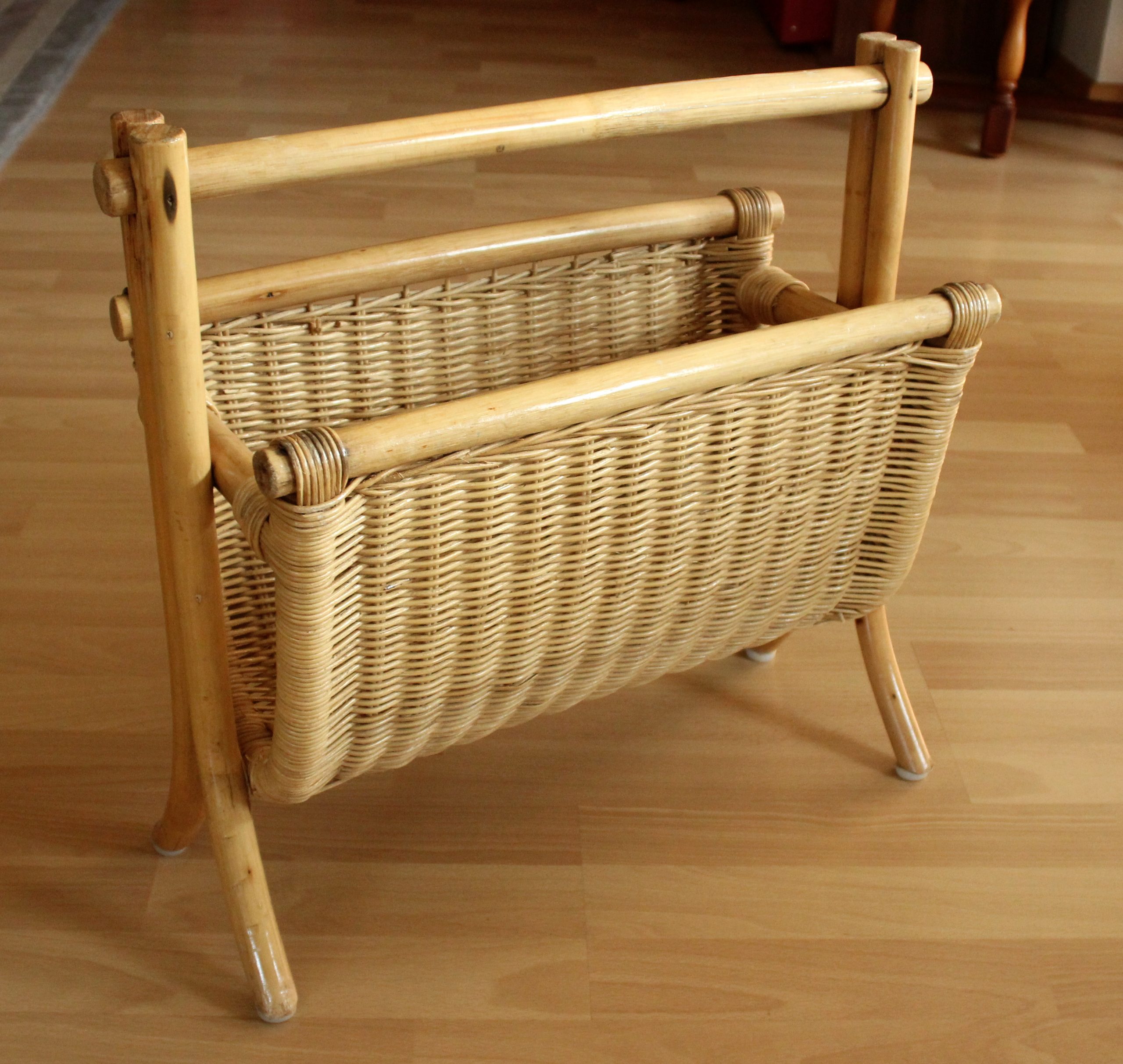 Magazine rack made of bamboo, rattan and wood, vintage from the 70s