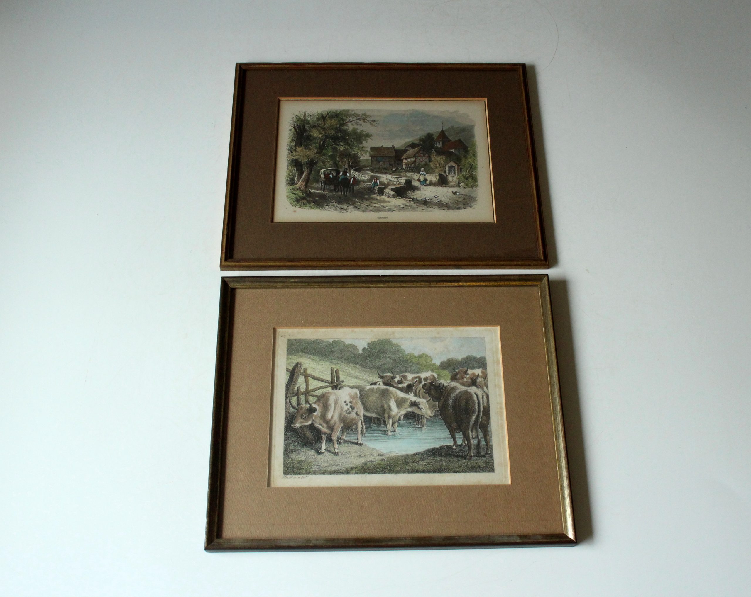 2 old professionally framed lithographs, vintage from the 50s