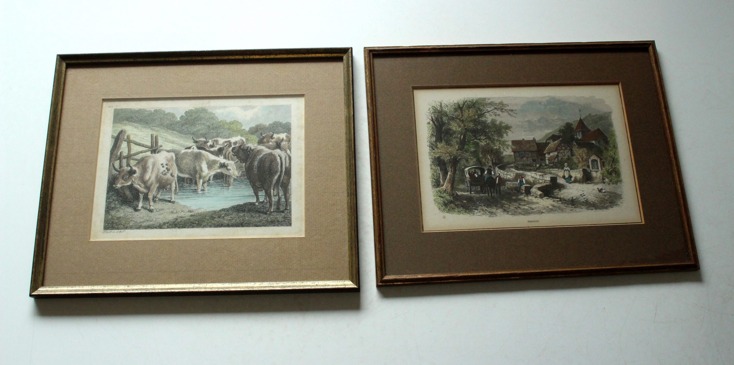 2 old professionally framed lithographs, vintage from the 50s