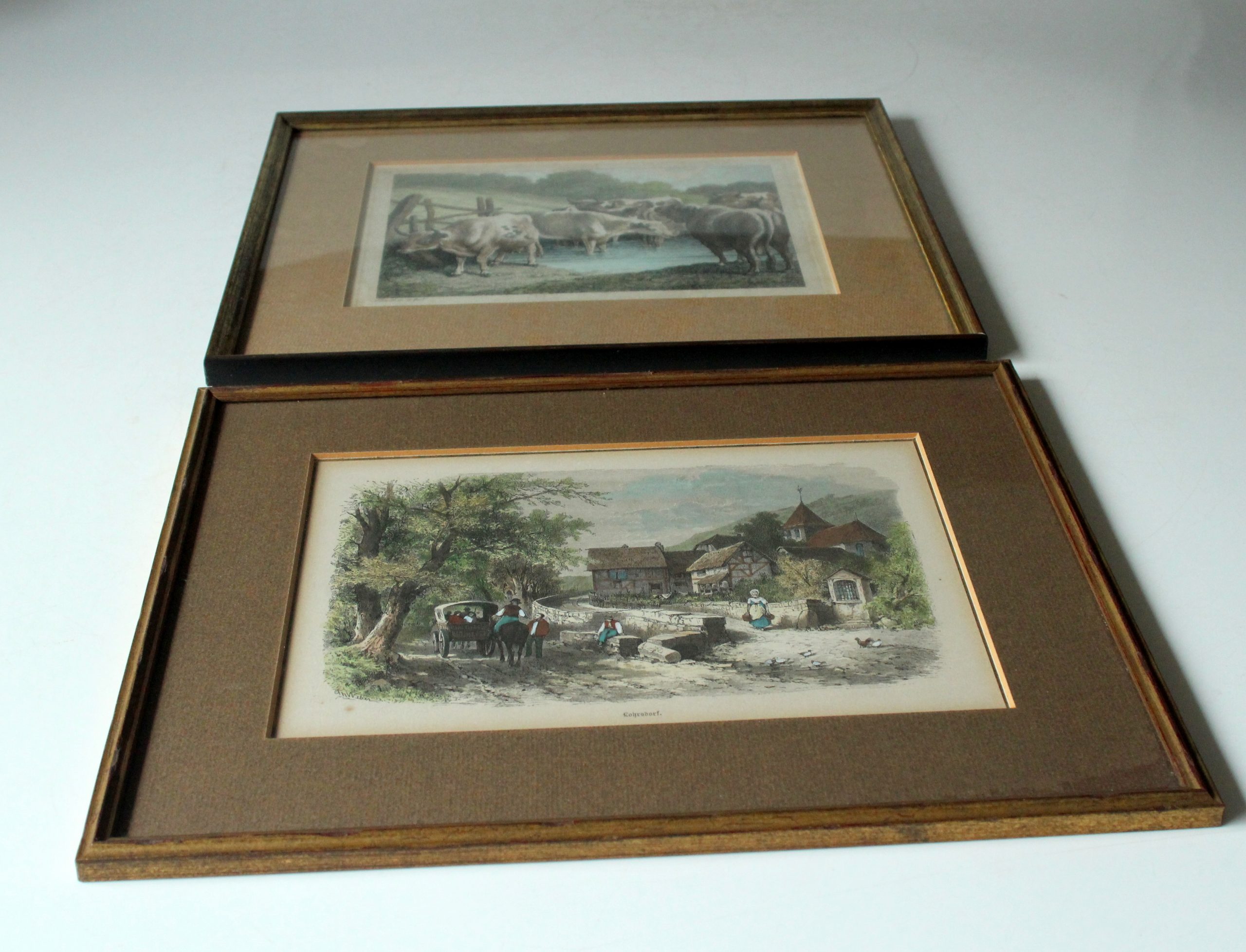 2 old professionally framed lithographs, vintage from the 50s