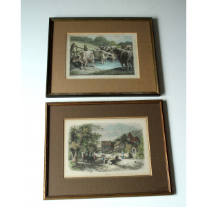 2 old professionally framed lithographs, vintage from the 50s