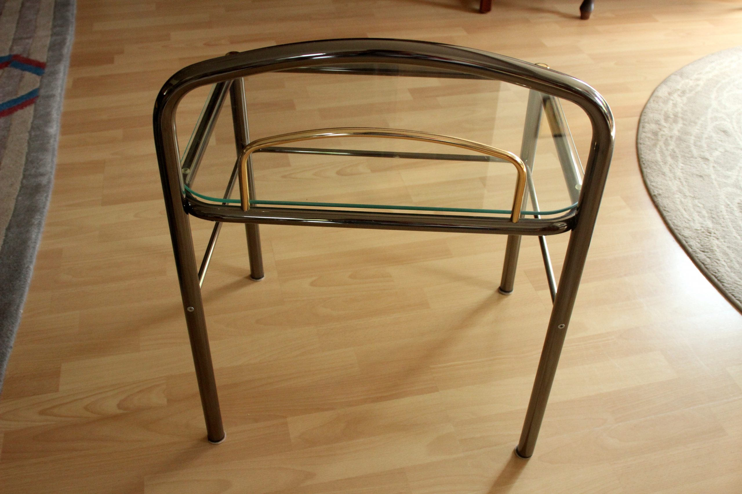Space Age chrome plated metal and glass bedside table, vintage from the 70s