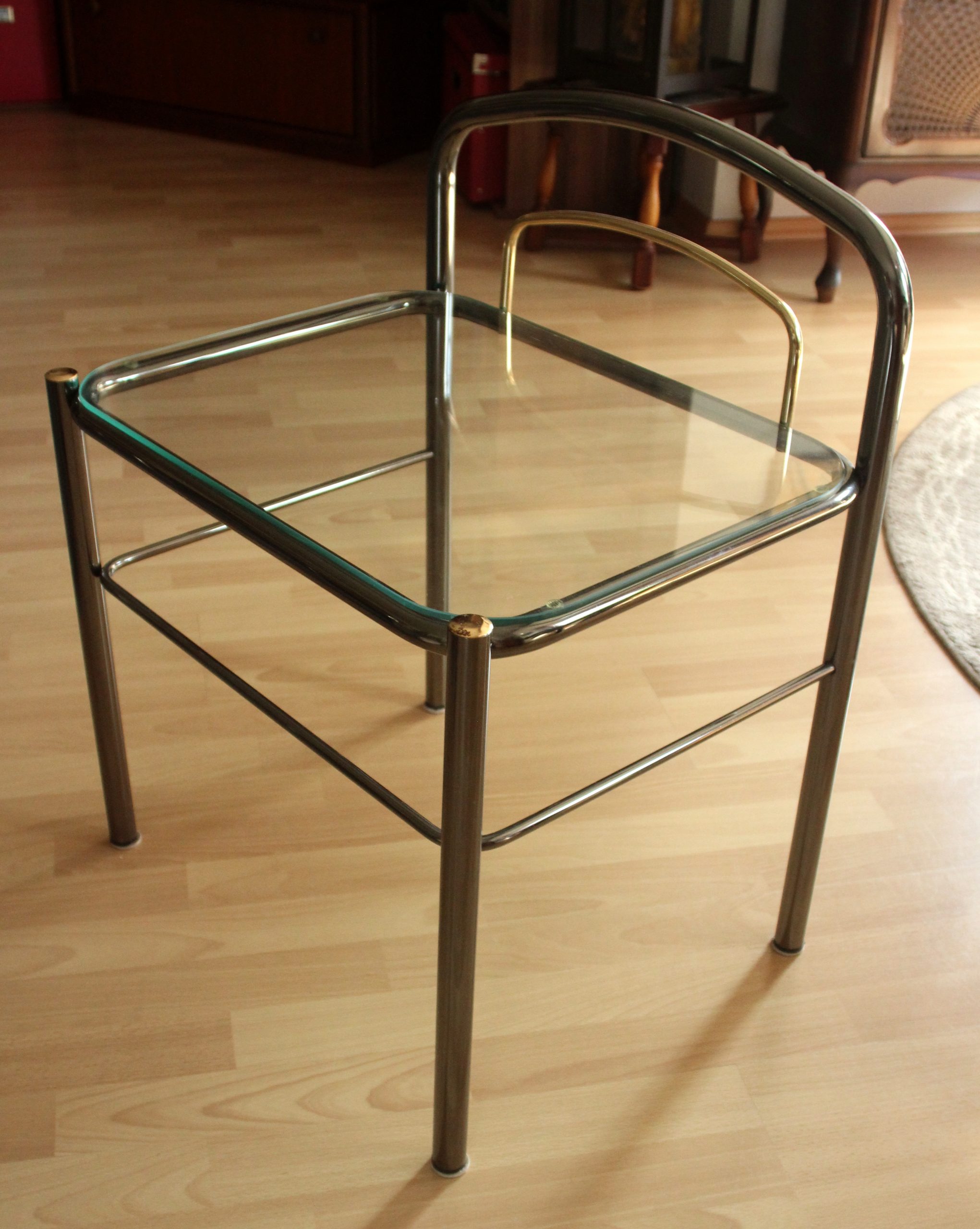 Space Age chrome plated metal and glass bedside table, vintage from the 70s