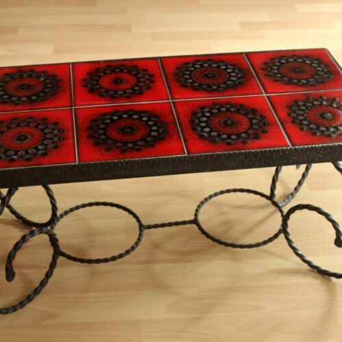 1970s plant stand made of wrought iron and decorative tiles, vintage