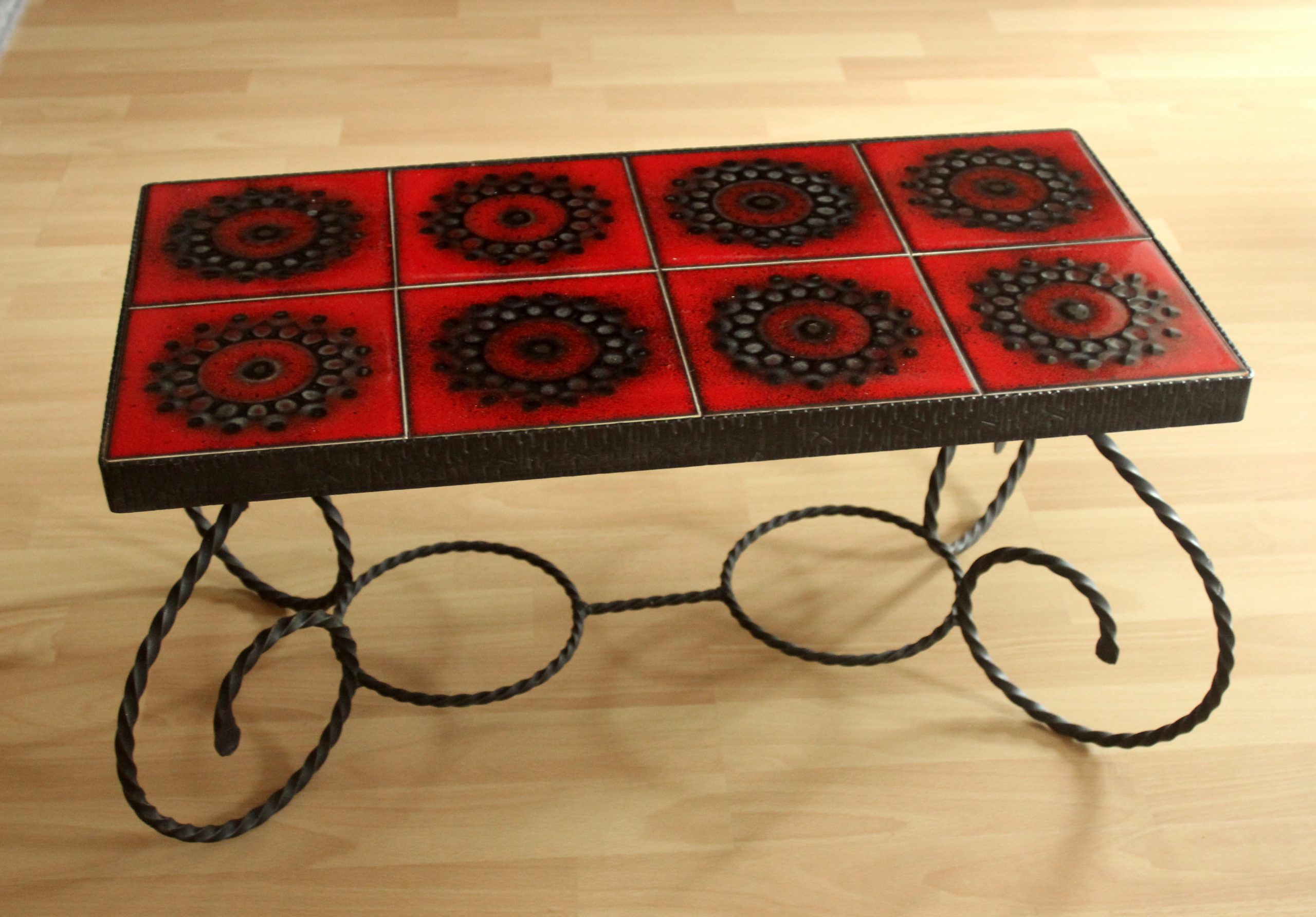 1970s plant stand made of wrought iron and decorative tiles, vintage