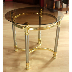 Hollywood Regency Style round coffee table, side table, made of metal with a smoked glass plate, vintage from the 1970s