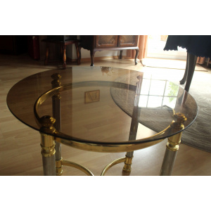 Hollywood Regency Style round coffee table, side table, made of metal with a smoked glass plate, vintage from the 1970s