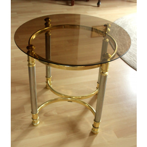 Hollywood Regency Style round coffee table, side table, made of metal with a smoked glass plate, vintage from the 1970s