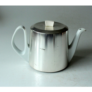 1930s Antique german porcelain tea pot with metal warming hood