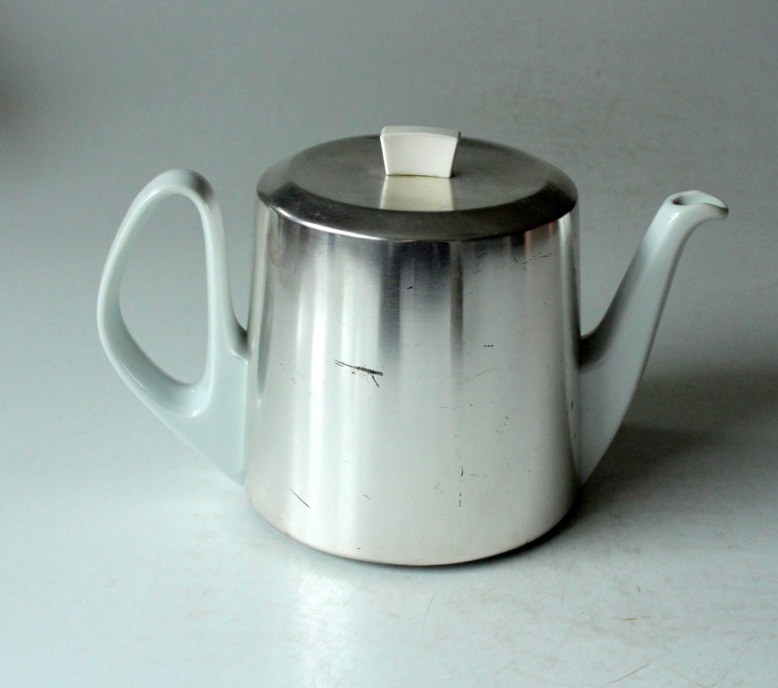 1930s Antique german porcelain tea pot with metal warming hood