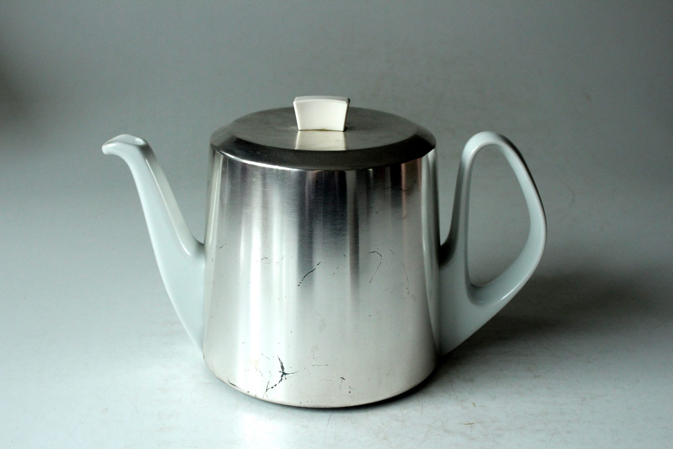 1930s Antique german porcelain tea pot with metal warming hood