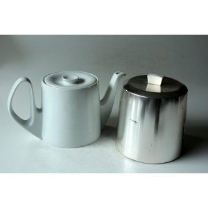 1930s Antique german porcelain tea pot with metal warming hood