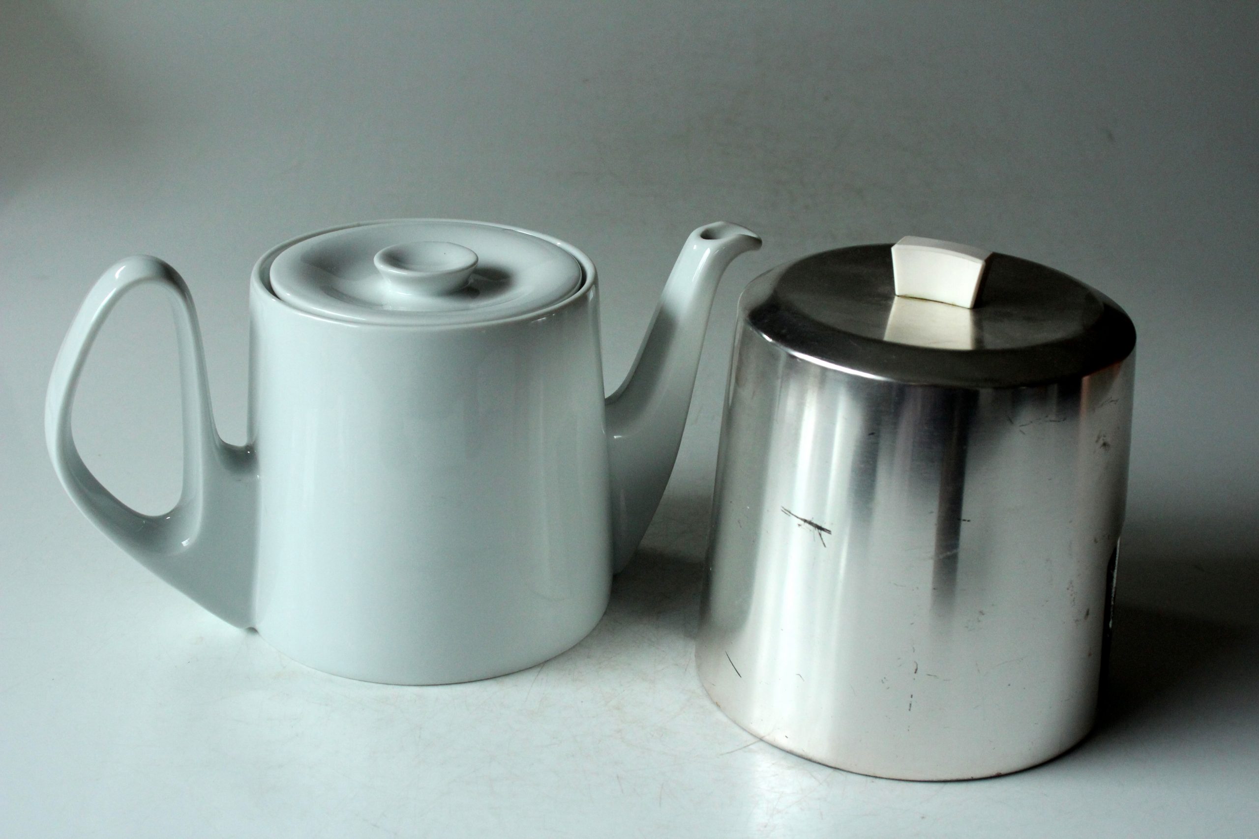 1930s Antique german porcelain tea pot with metal warming hood
