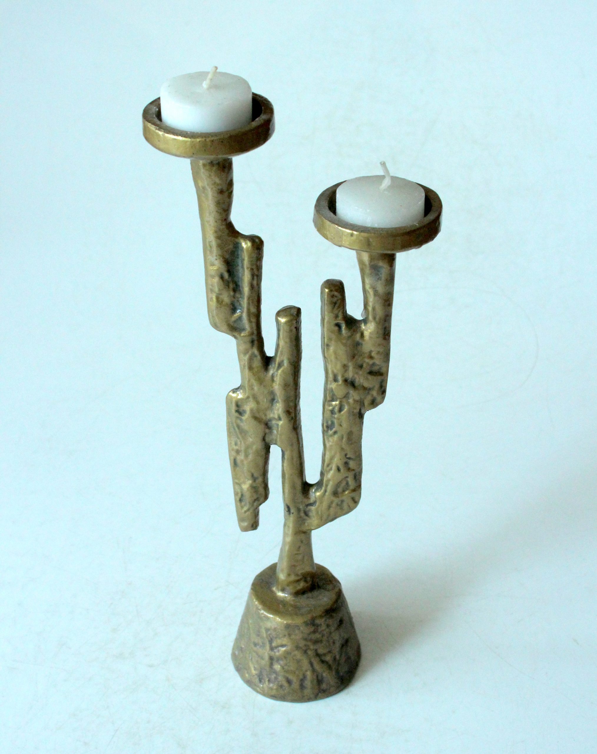 Brutalist handmade heavy candle holder made of metal and brass, for larger candles, vintage