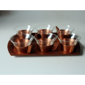 1950s - 6 glass tea cups in a copper stand with wooden handle - all on a wooden tray