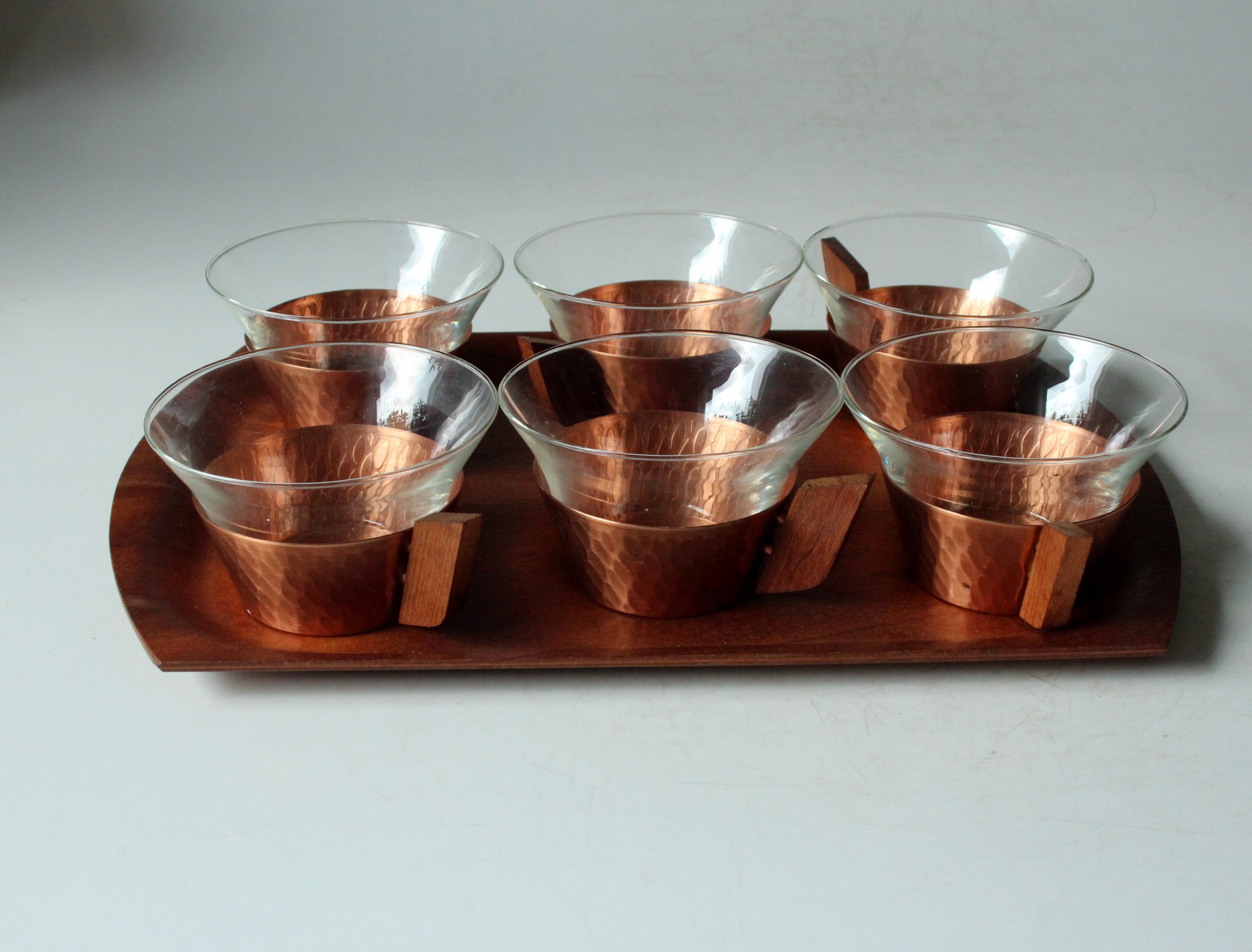 1950s - 6 glass tea cups in a copper stand with wooden handle - all on a wooden tray