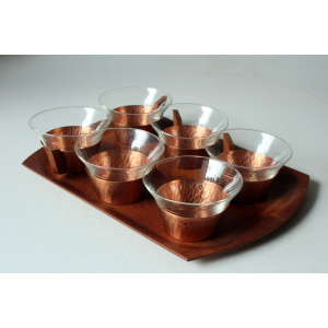 1950s - 6 glass tea cups in a copper stand with wooden handle - all on a wooden tray
