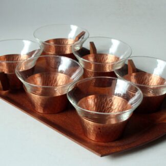 1950s - 6 glass tea cups in a copper stand with wooden handle - all on a wooden tray