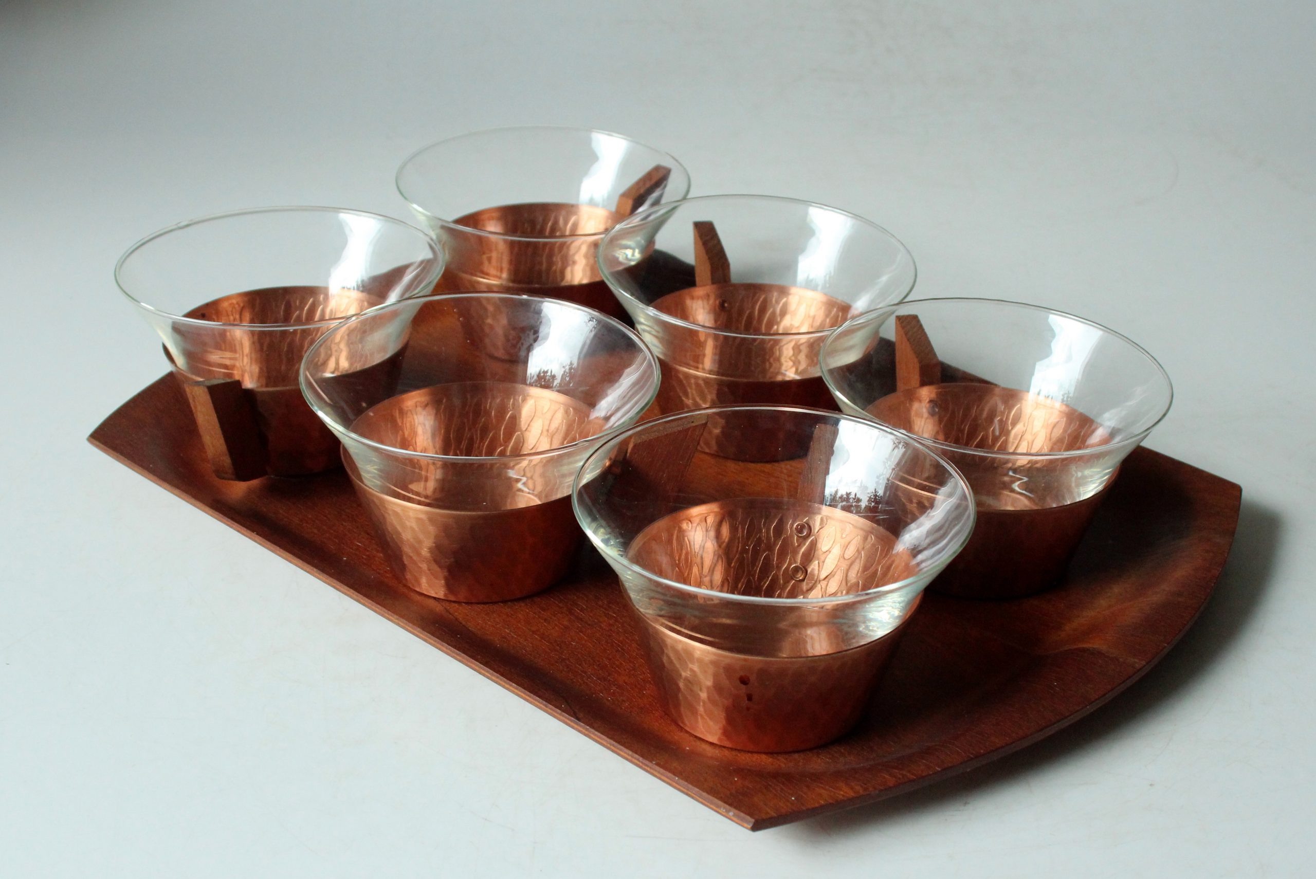 1950s - 6 glass tea cups in a copper stand with wooden handle - all on a wooden tray