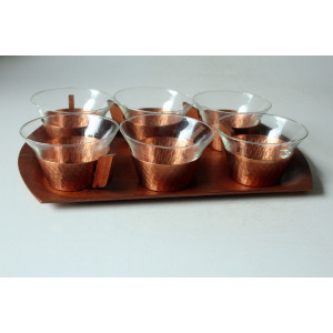 1950s - 6 glass tea cups in a copper stand with wooden handle - all on a wooden tray